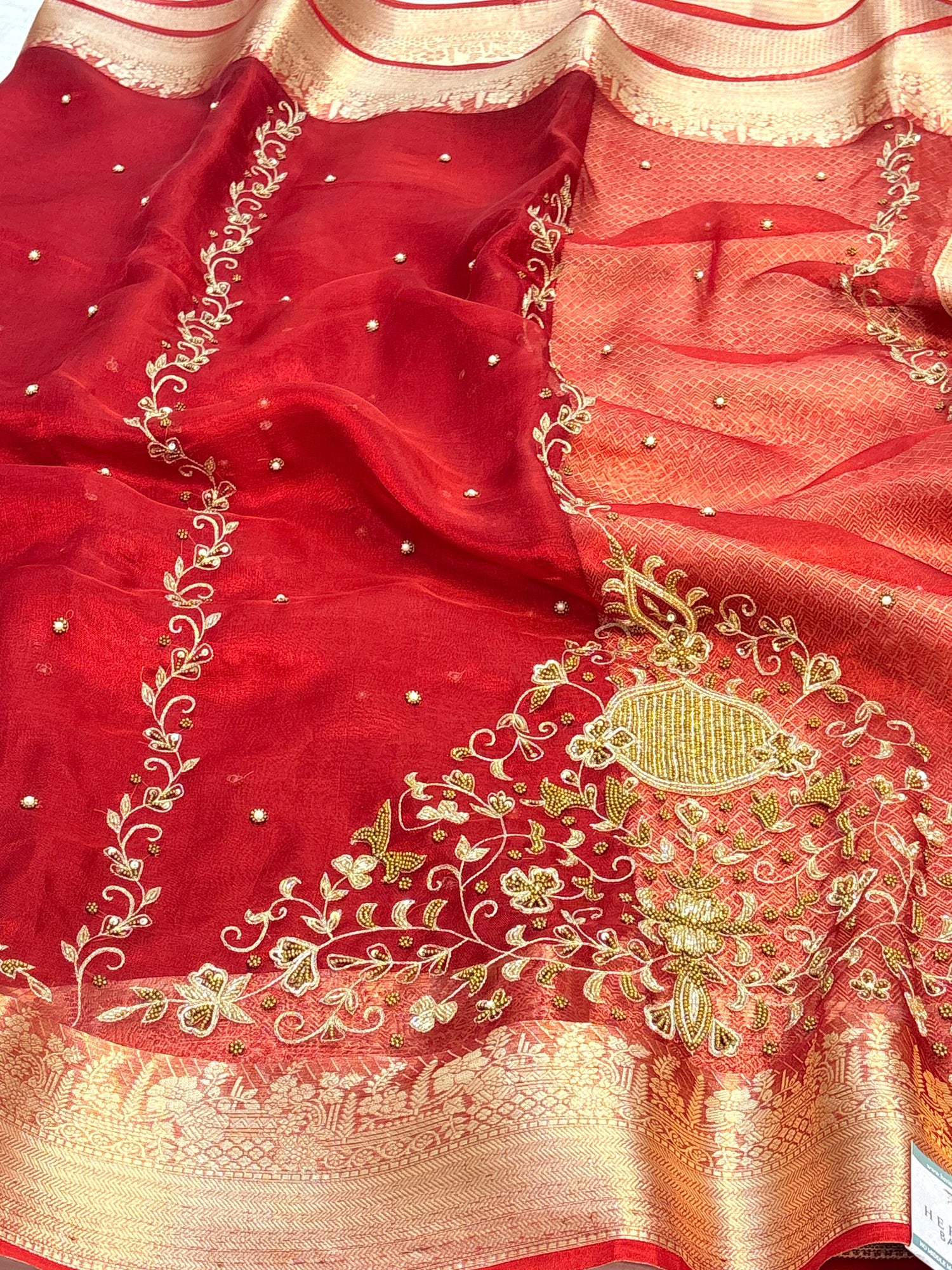 Pure Red Handloom Tissue Banarasi Saree