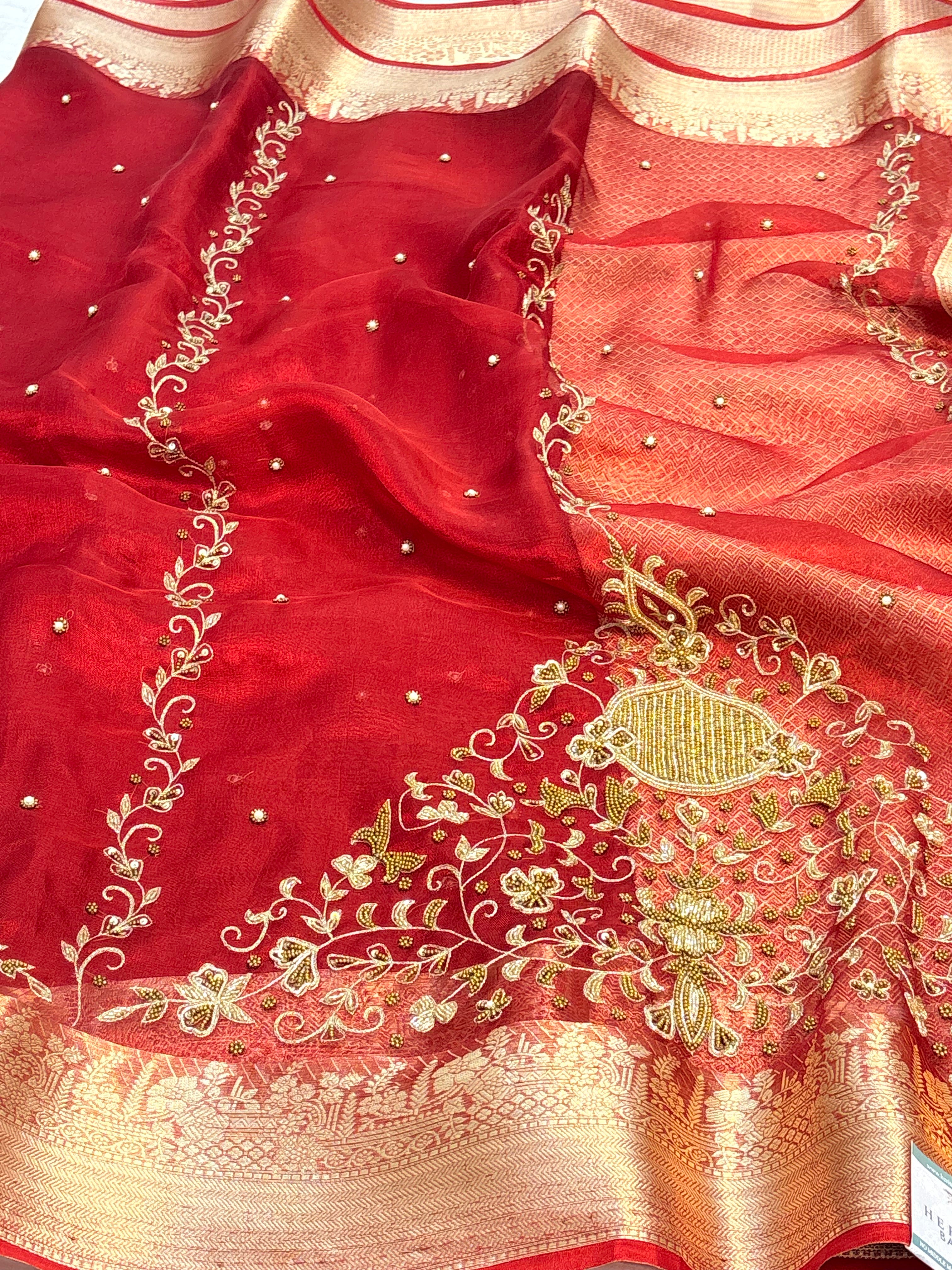 Pure Red Handloom Tissue Banarasi Saree