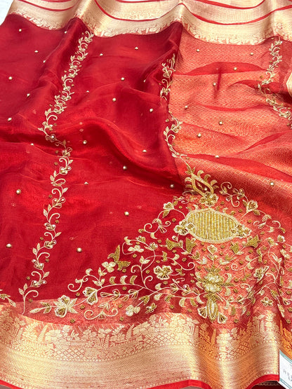 Pure Red Handloom Tissue Banarasi Saree