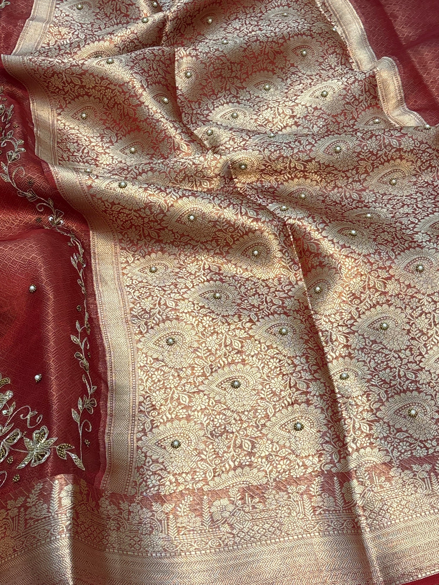 Pure Red Handloom Tissue Banarasi Saree