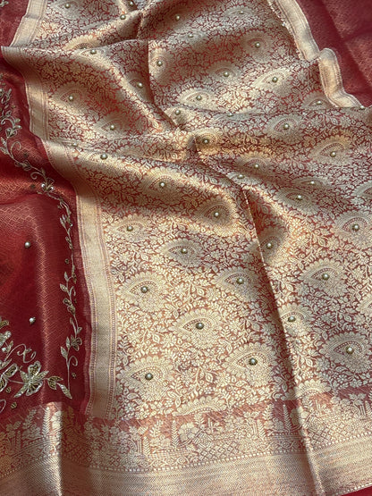 Pure Red Handloom Tissue Banarasi Saree