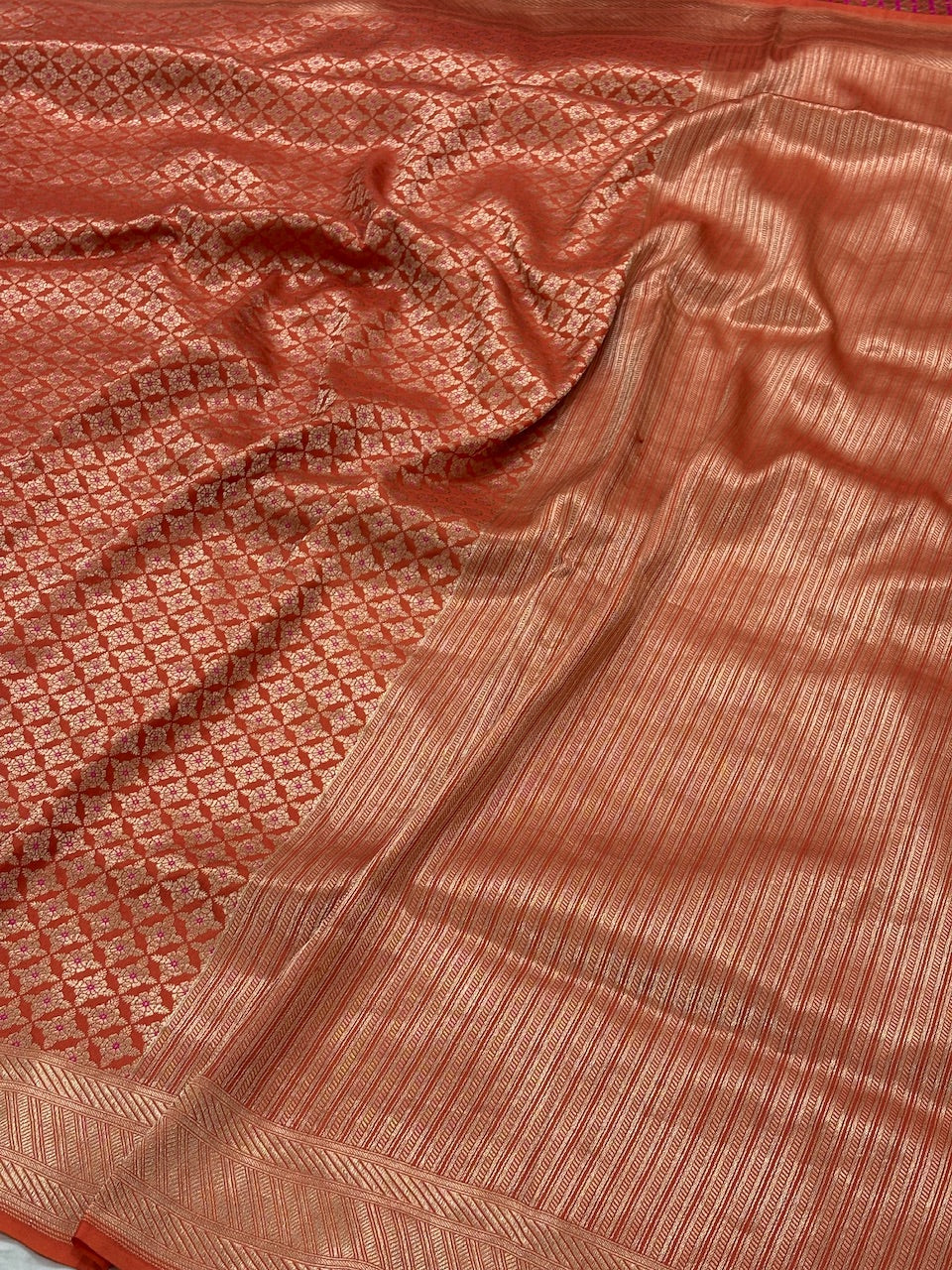 Orange Banarasi Katan Brocade Silk Saree