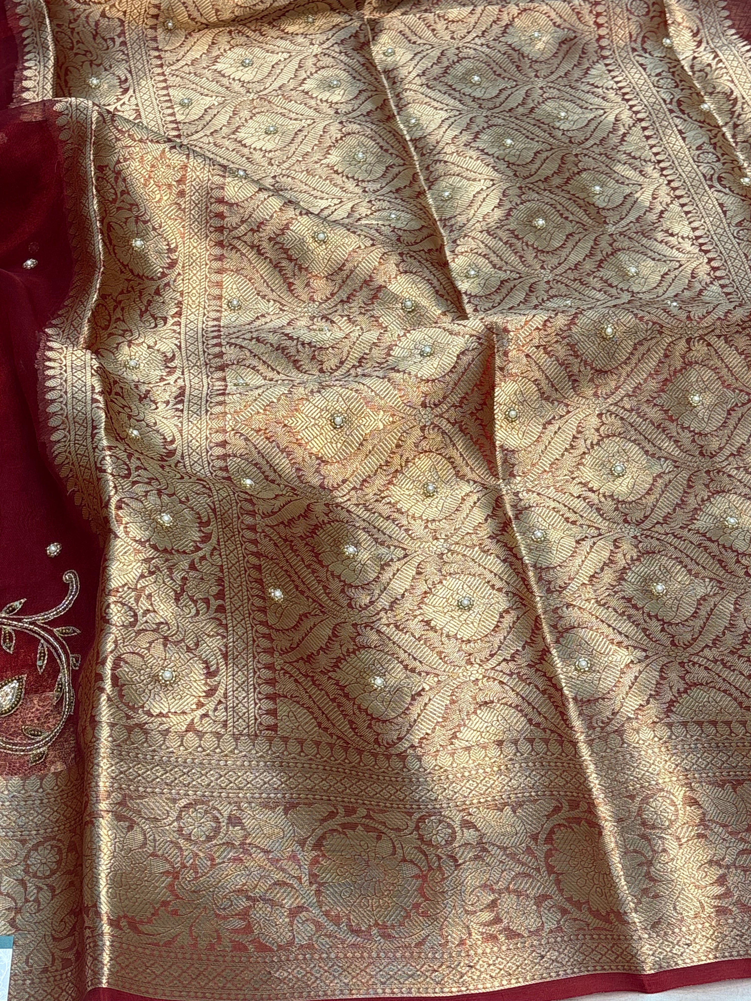 Pure Maroon Handloom Tissue Saree