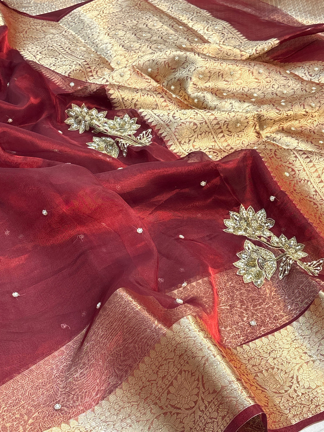 Pure Maroon Handloom Tissue Embroidery Work Saree