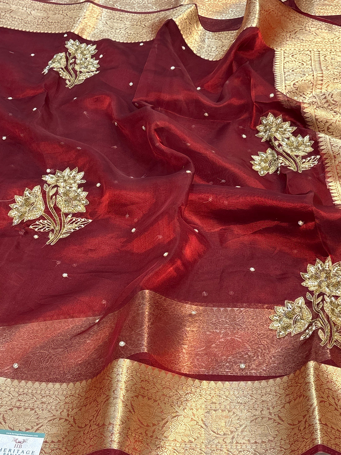 Pure Maroon Handloom Tissue Embroidery Work Saree