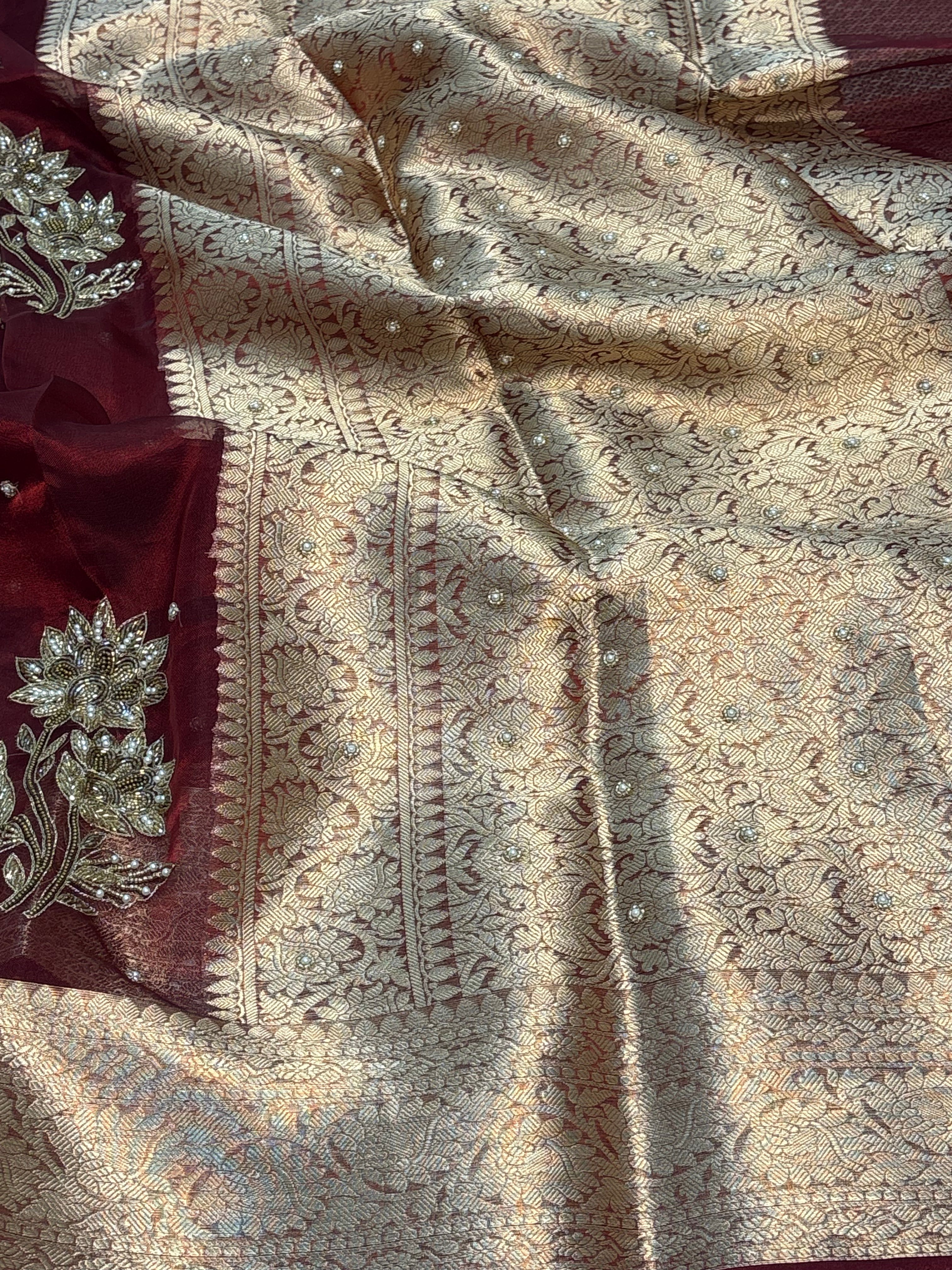 Pure Maroon Handloom Tissue Embroidery Work Saree