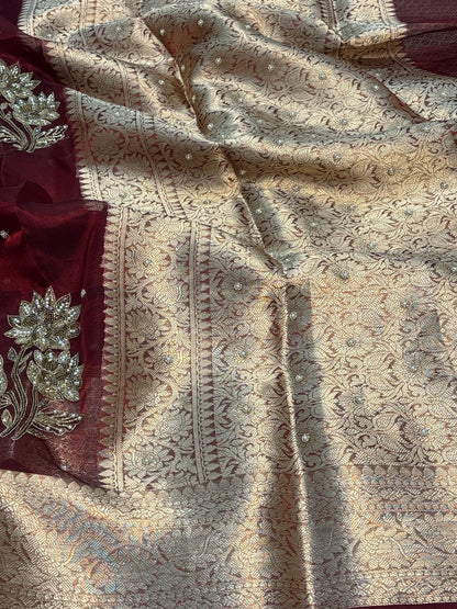 Pure Maroon Handloom Tissue Embroidery Work Saree
