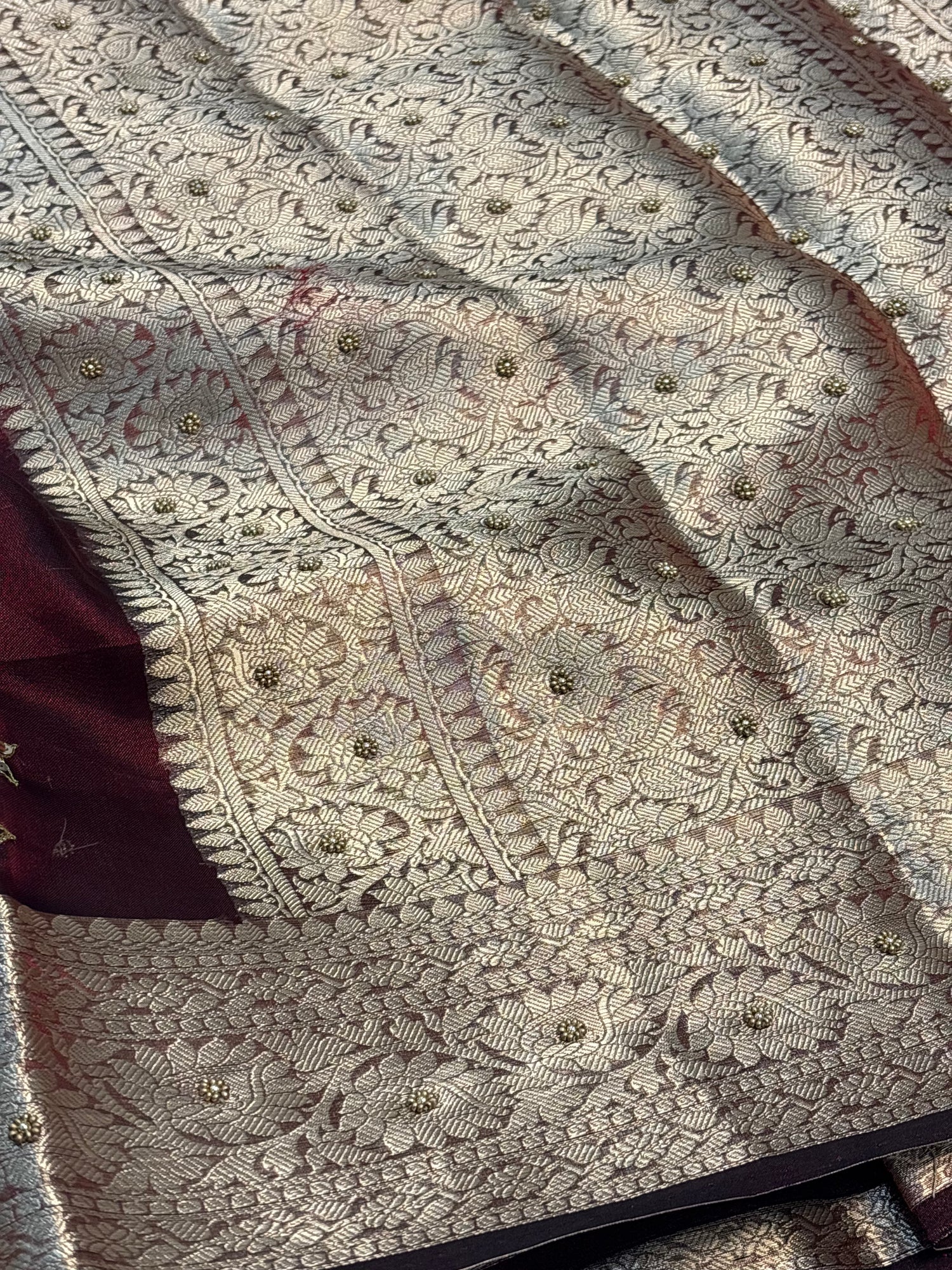 Pure Dark Maroon Handloom Tissue Banarasi Saree