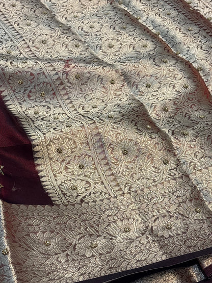 Pure Dark Maroon Handloom Tissue Banarasi Saree