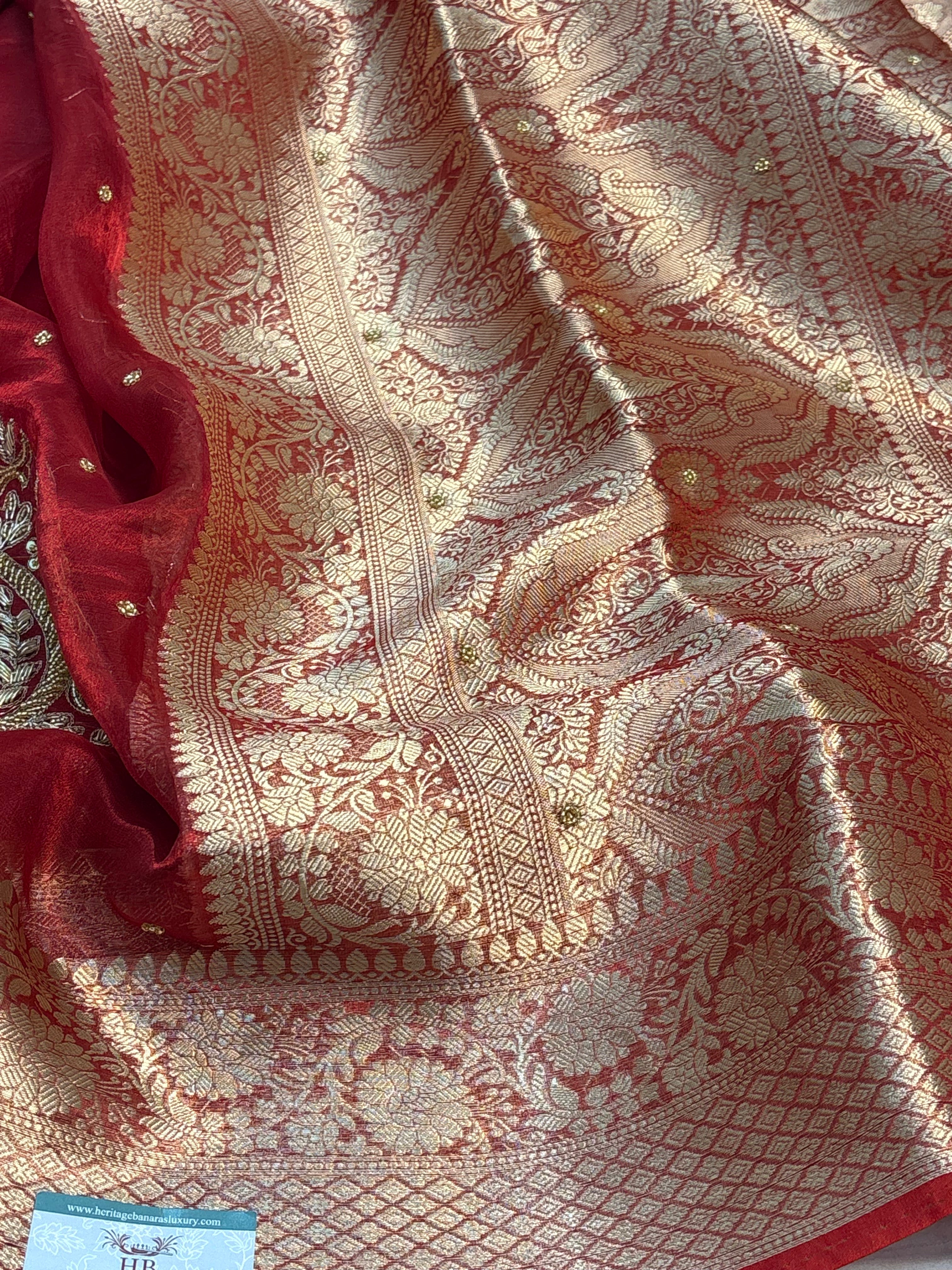 Pure Maroon Handloom Tissue Banarasi Saree