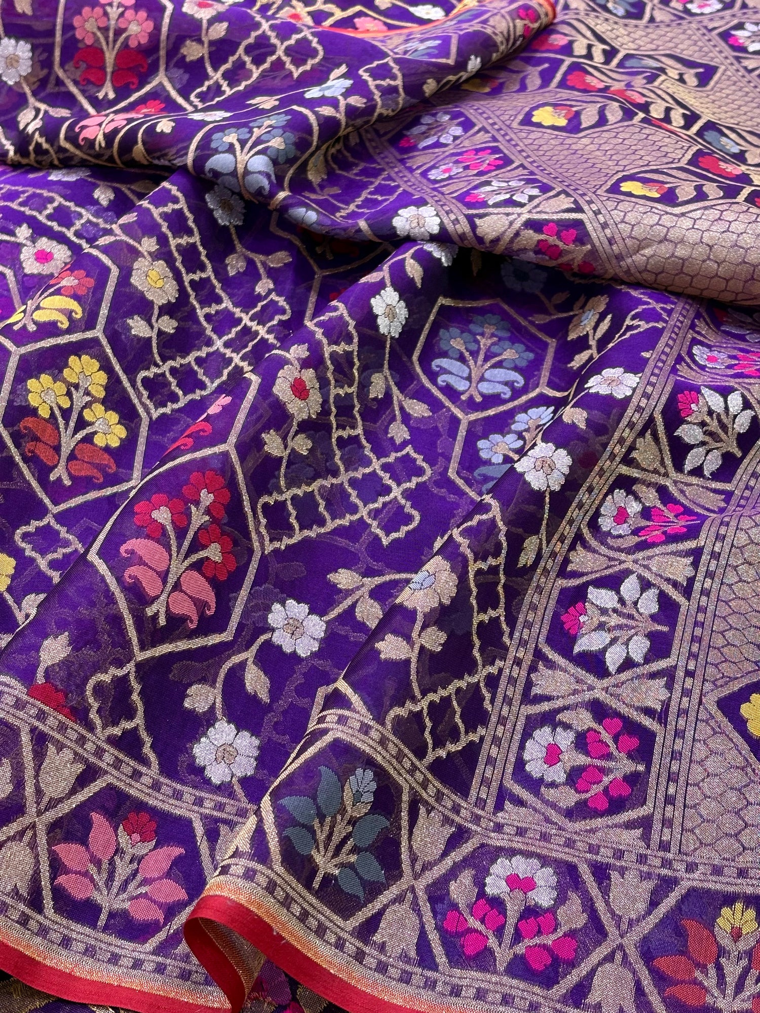 Purple Banarasi Kora Jamdani Silk Handwoven Saree