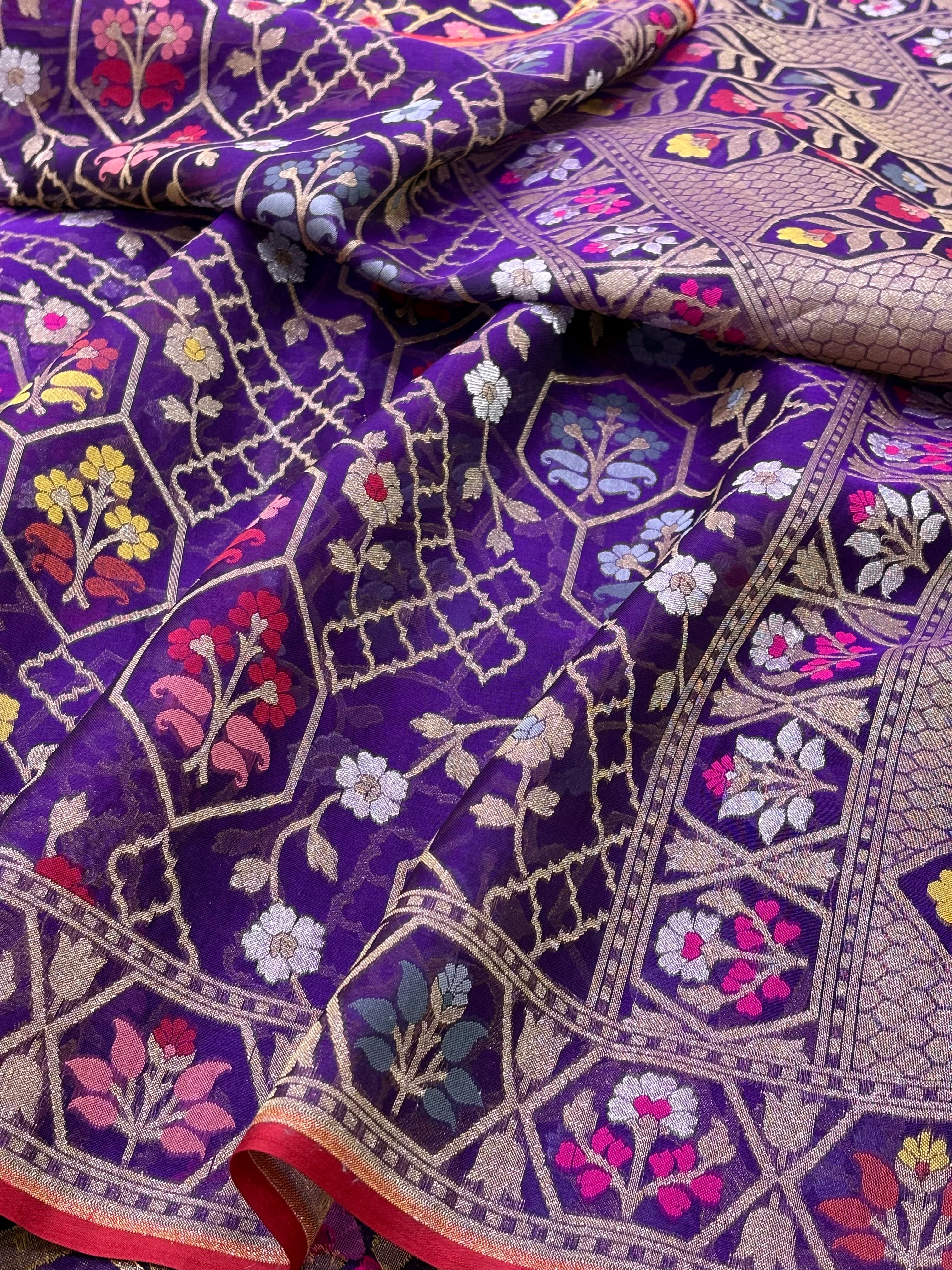 Purple Banarasi Kora Jamdani Silk Handwoven Saree