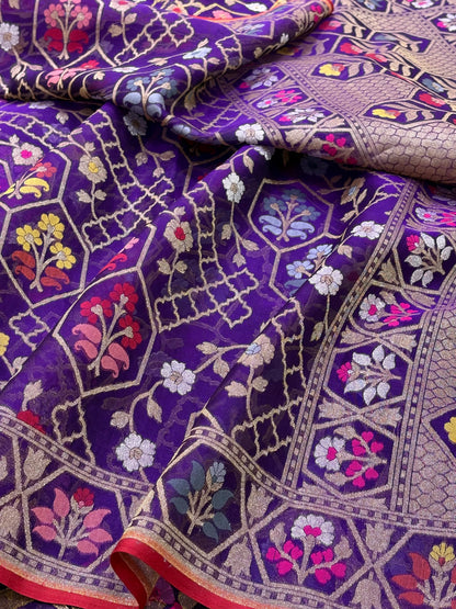 Purple Banarasi Kora Jamdani Silk Handwoven Saree