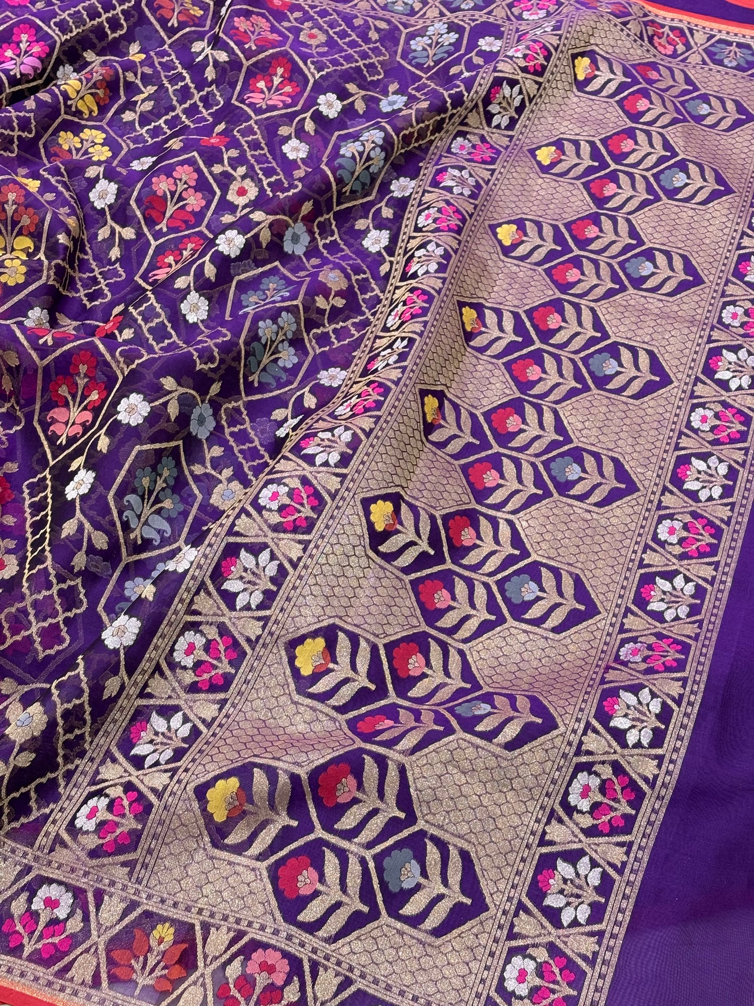 Purple Banarasi Kora Jamdani Silk Handwoven Saree