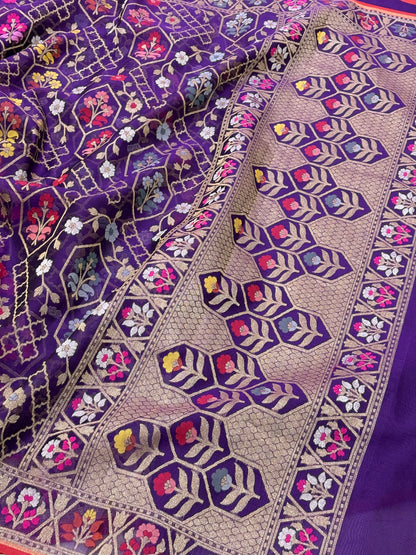 Purple Banarasi Kora Jamdani Silk Handwoven Saree