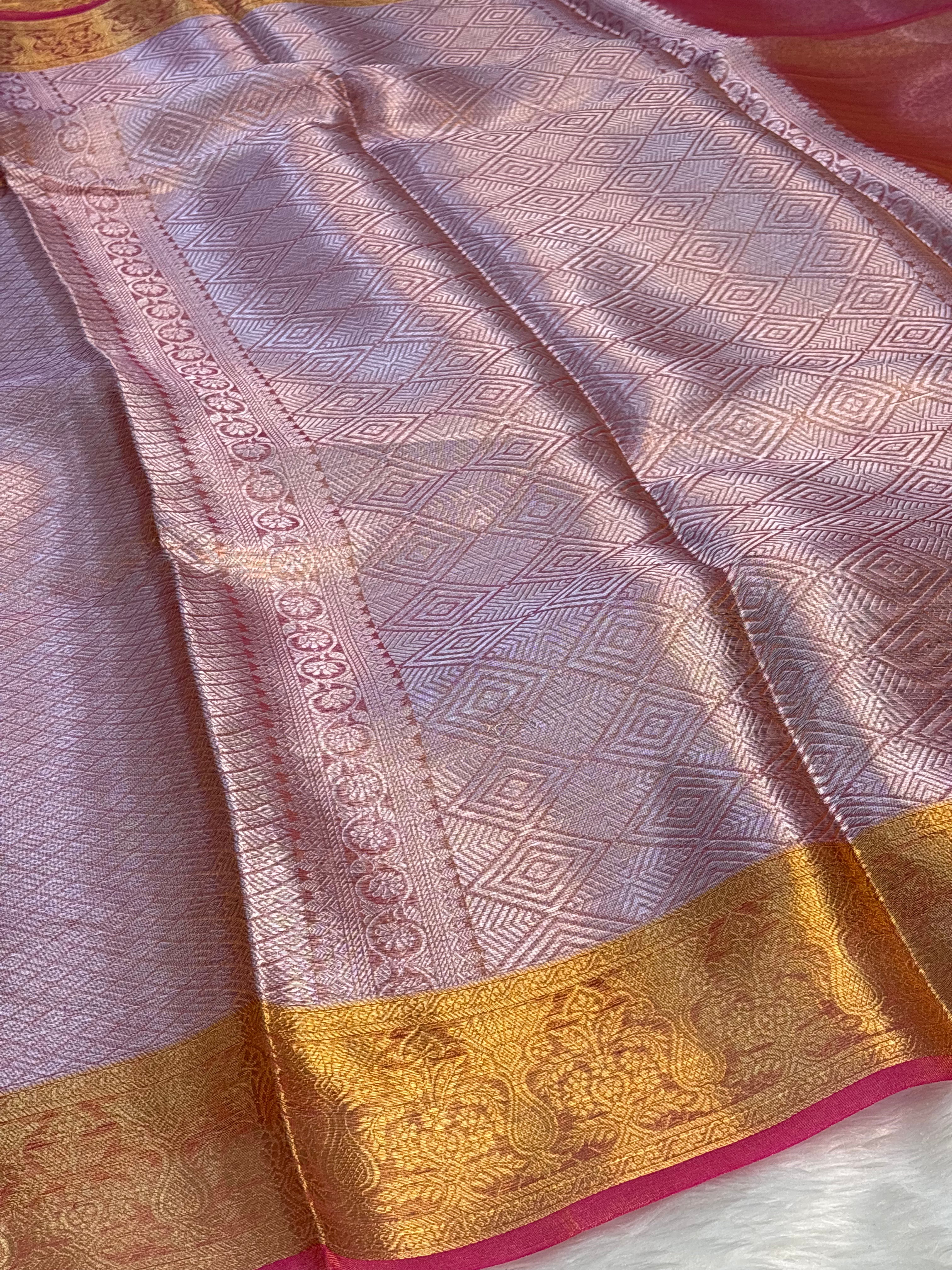 Pinkish Orange Handloom Tissue Banarasi Brocade Saree
