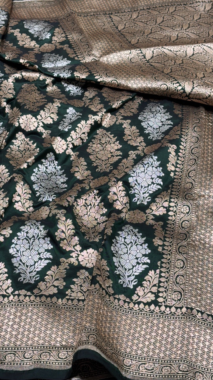 Dark Green Pure Banarasi Katan Silk Saree
