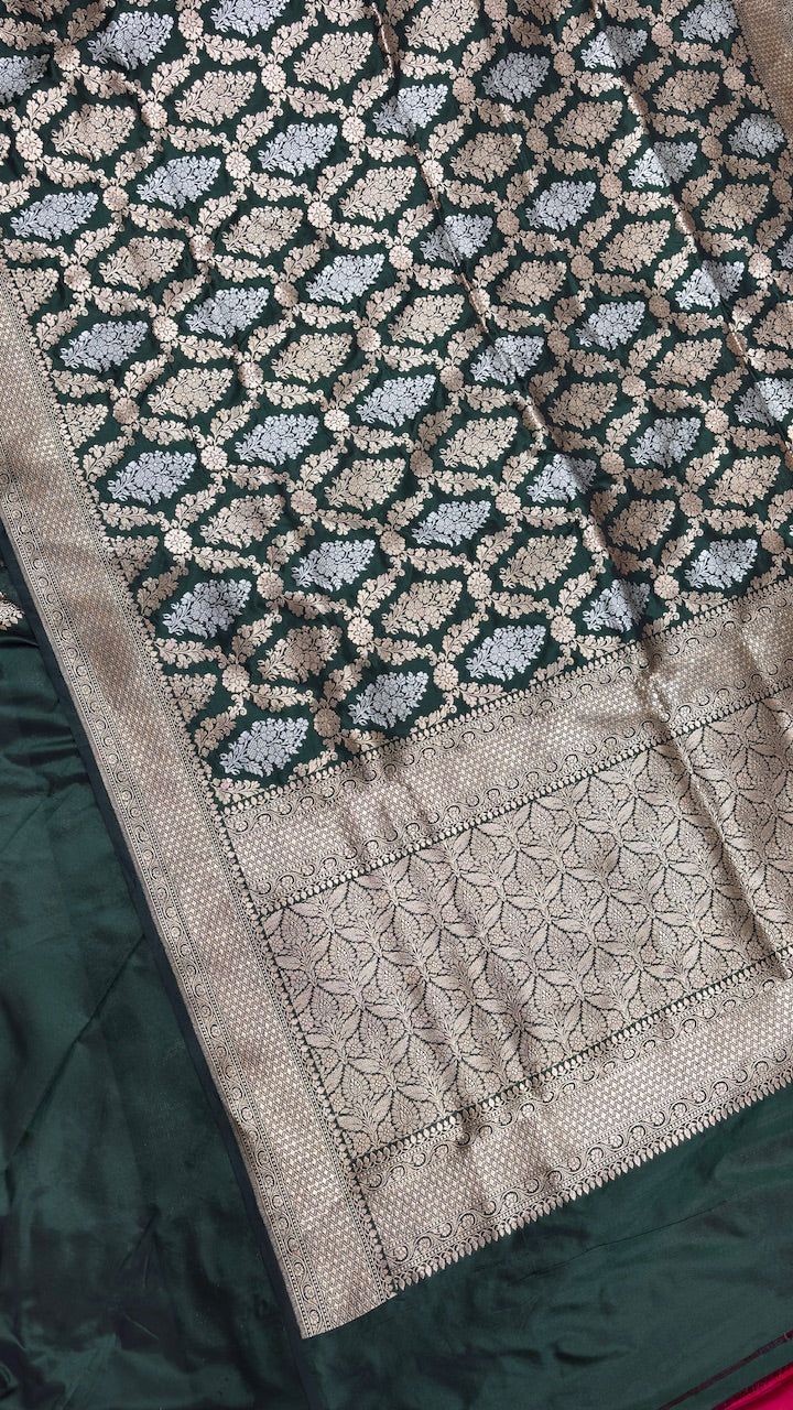 Dark Green Pure Banarasi Katan Silk Saree