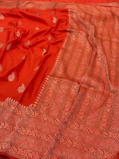 Vibrant Orange Pure Banarasi Ektara  Silk Handwoven Saree