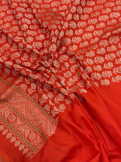 Vibrant Orange Pure Banarasi Ektara  Silk Handwoven Saree