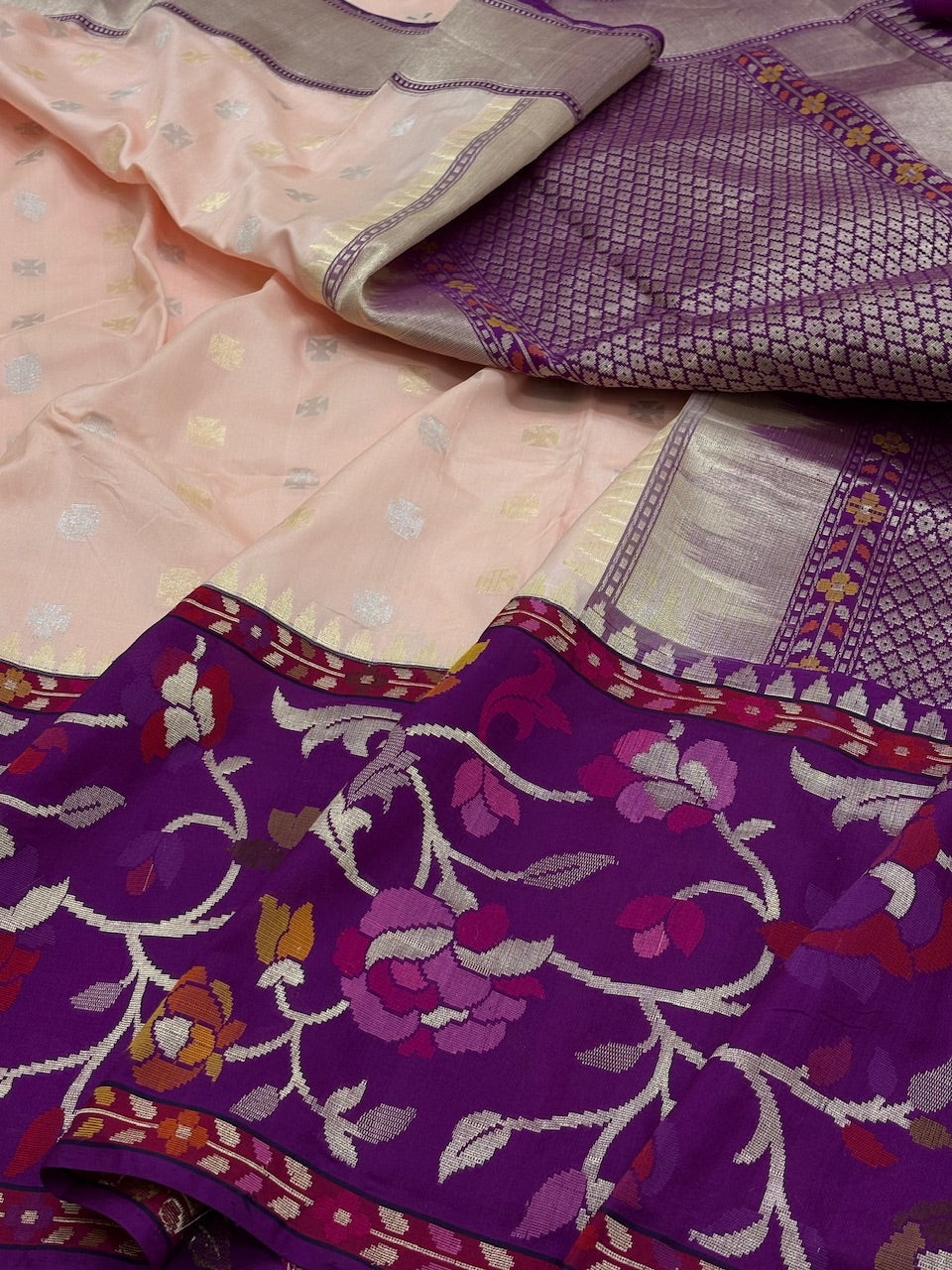 Peach Pure Banarasi Ektara  Silk Handwoven Saree