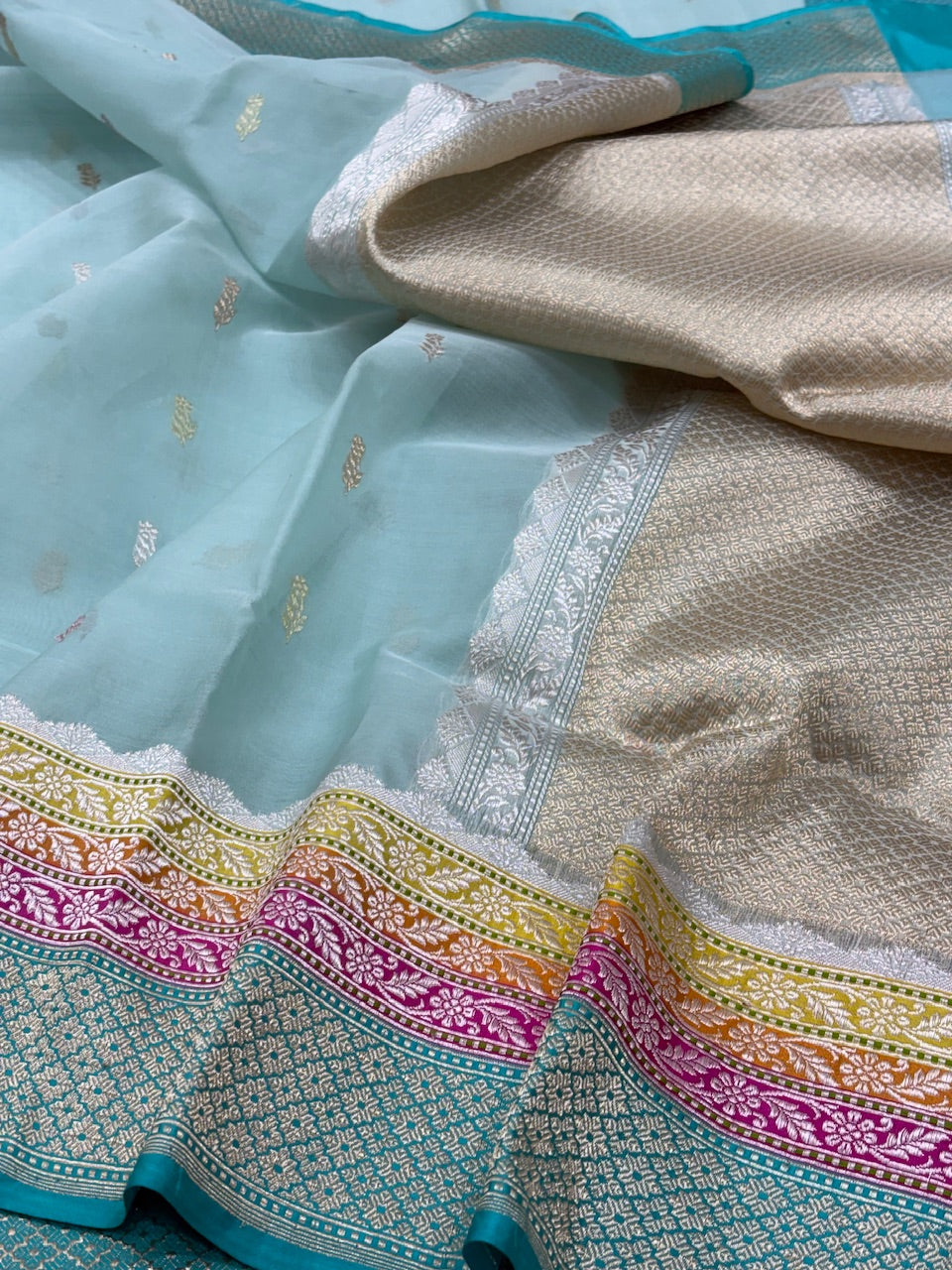 Aqua Blue Banarasi Kora Silk Handwoven Saree