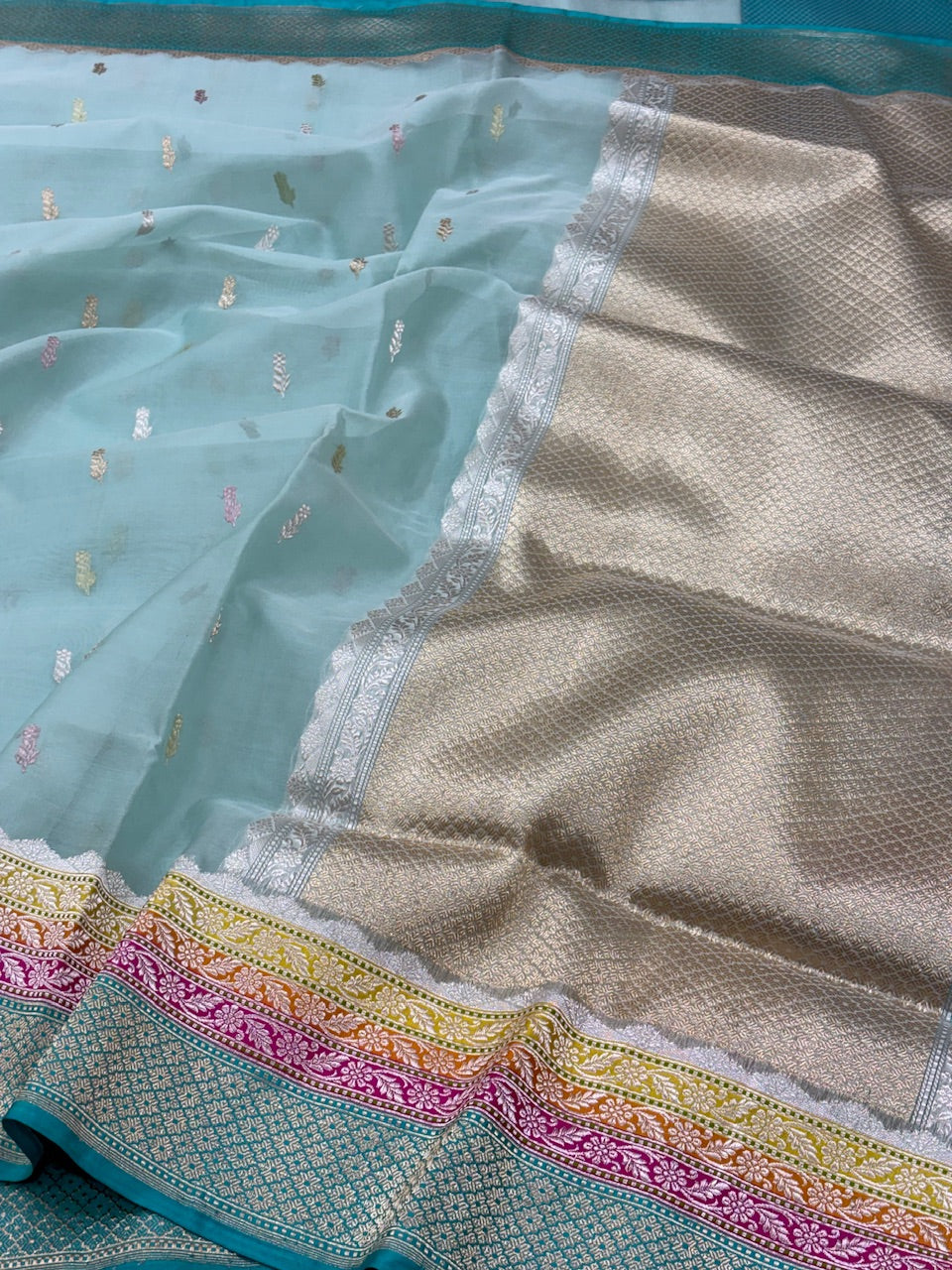 Aqua Blue Banarasi Kora Silk Handwoven Saree