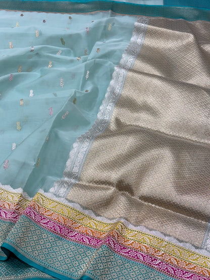 Aqua Blue Banarasi Kora Silk Handwoven Saree