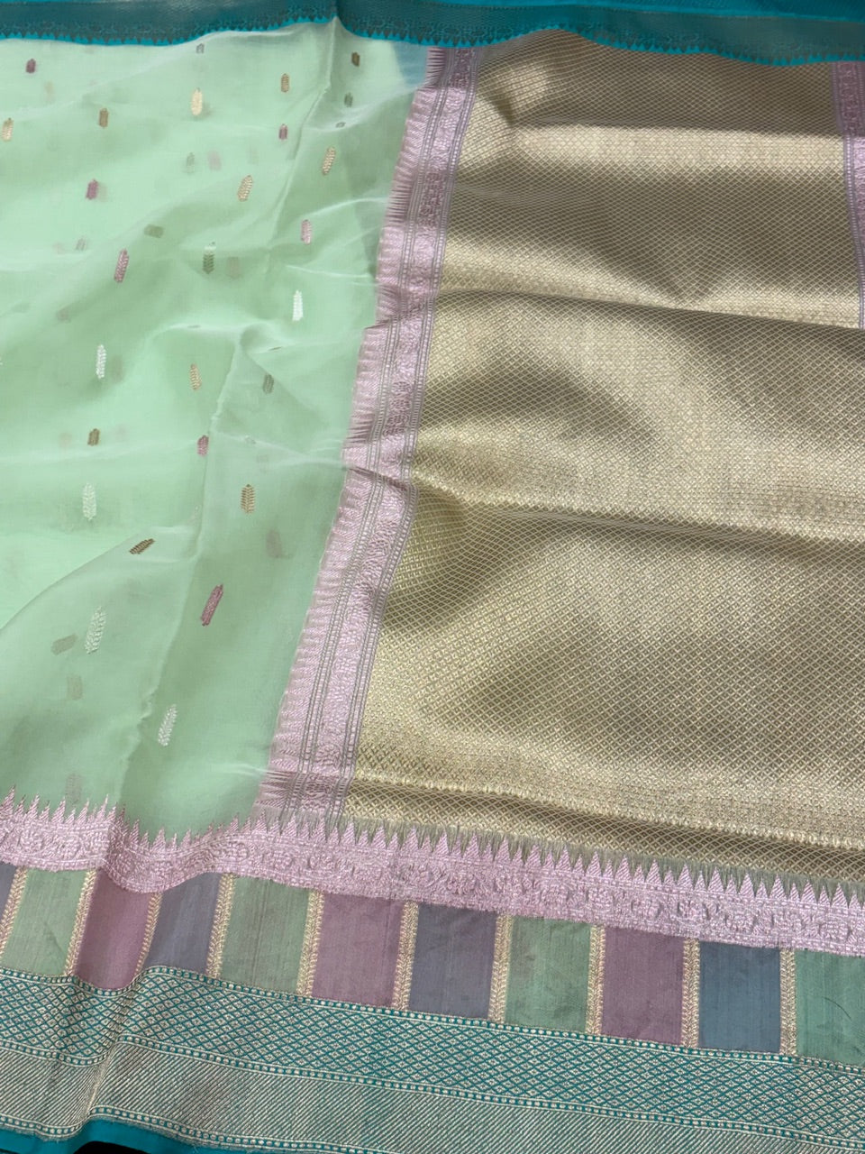 Sea Green Banarasi Kora Silk Handwoven Saree
