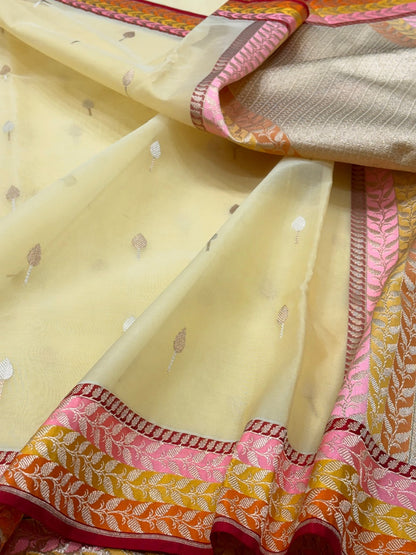 Butter Yellow Banarasi Kora Silk Handwoven Saree