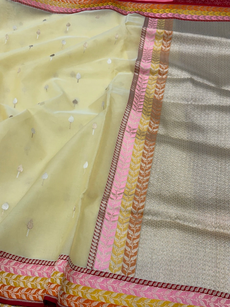 Butter Yellow Banarasi Kora Silk Handwoven Saree