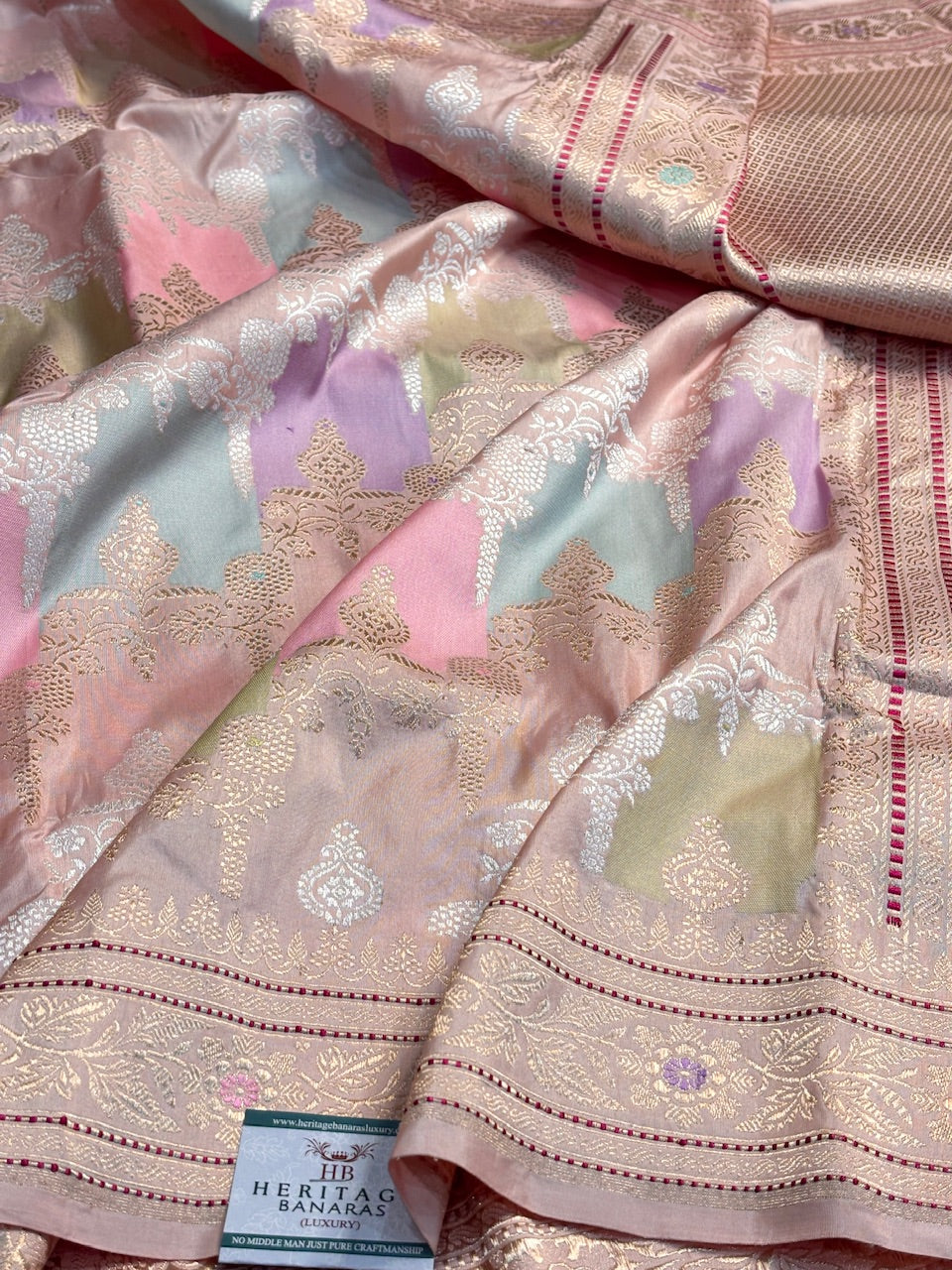 Peach Pure Banarasi Rangkaat Silk Handloom Saree