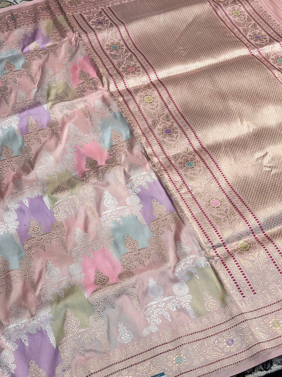 Peach Pure Banarasi Rangkaat Silk Handloom Saree