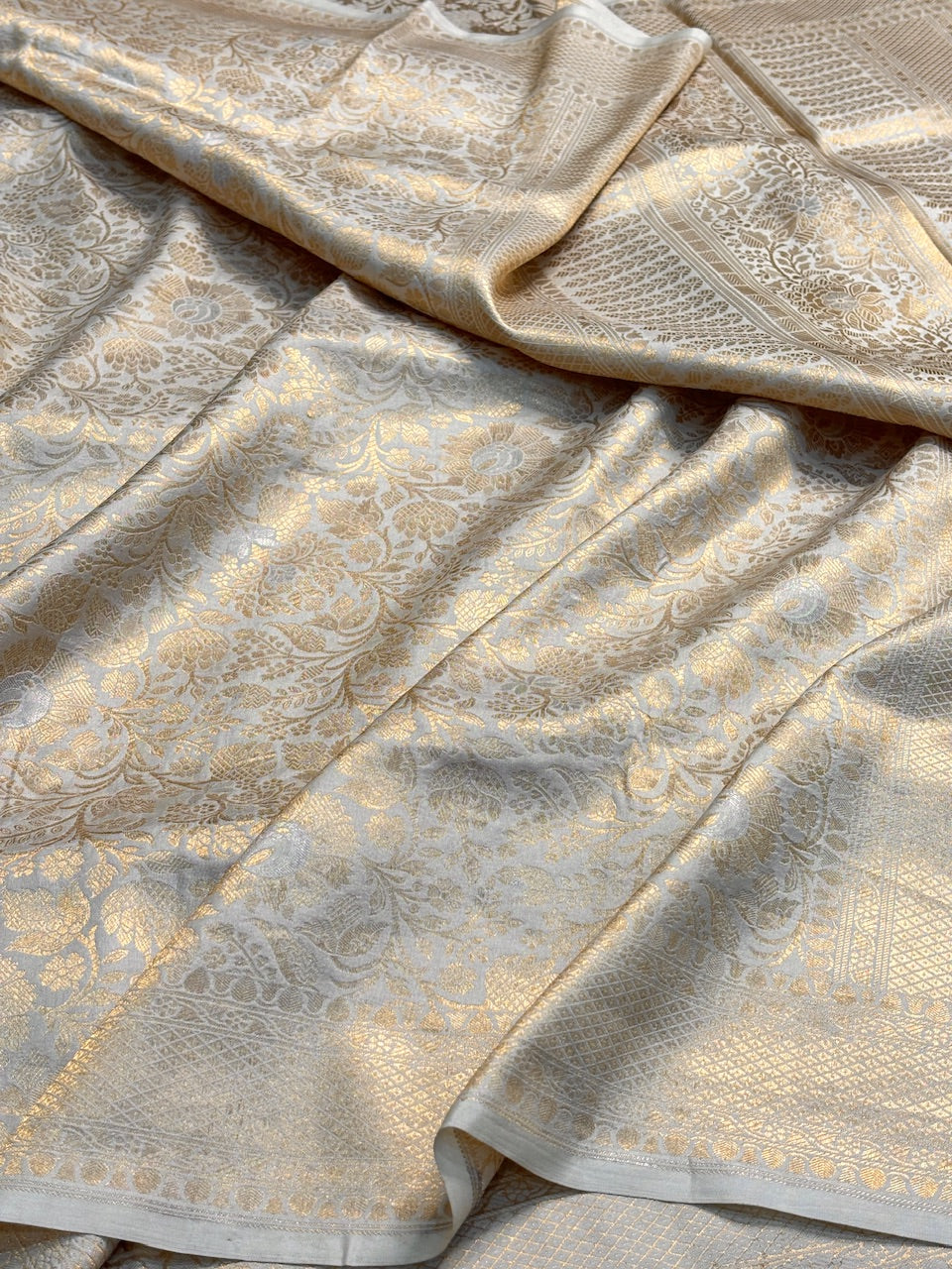 Ivory Banarasi Katan Brocade Silk Saree