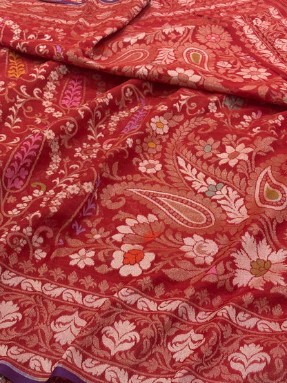 Red Banarasi cotton Jamdani handloom Saree