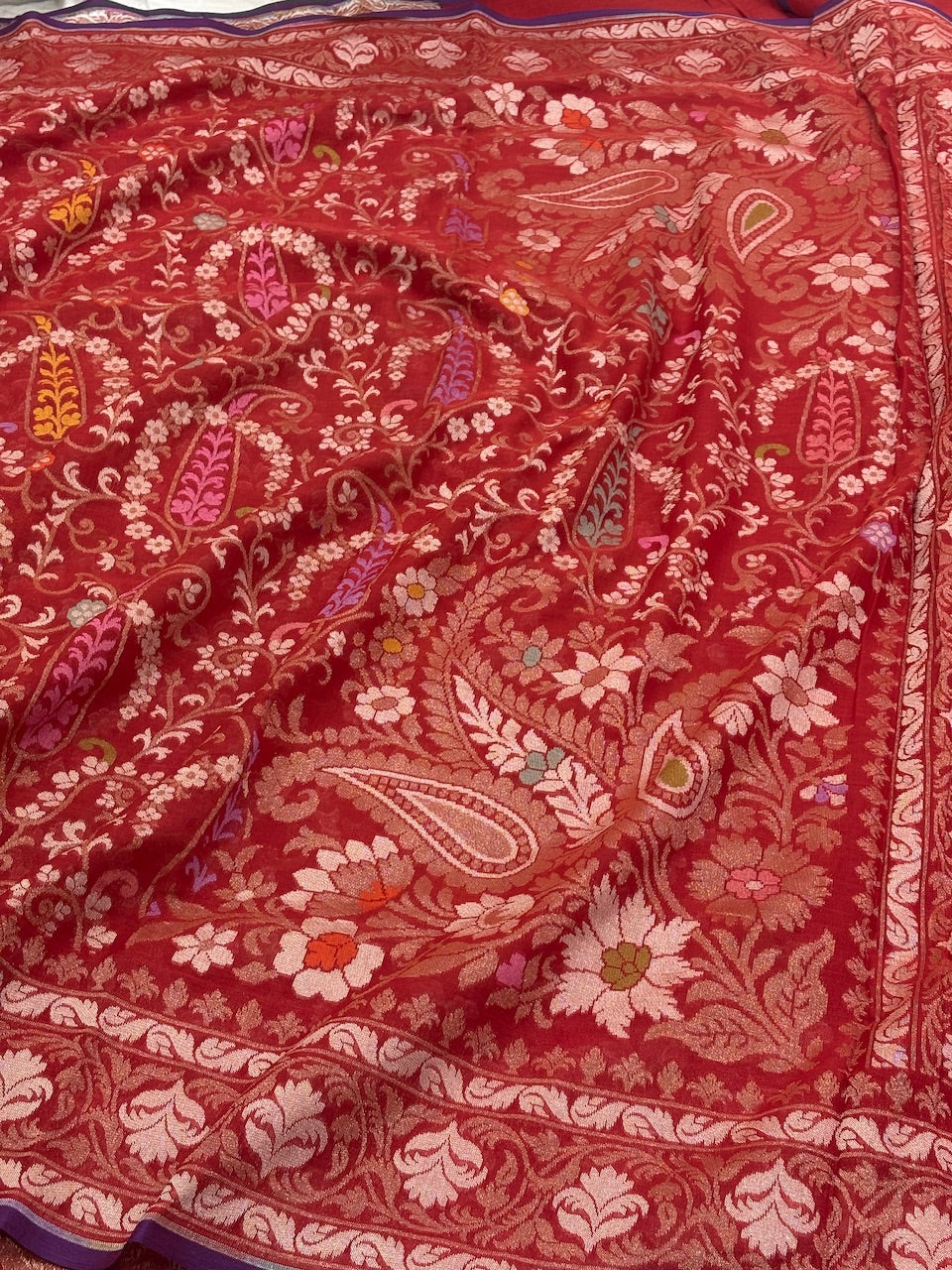 Red Banarasi cotton Jamdani handloom Saree