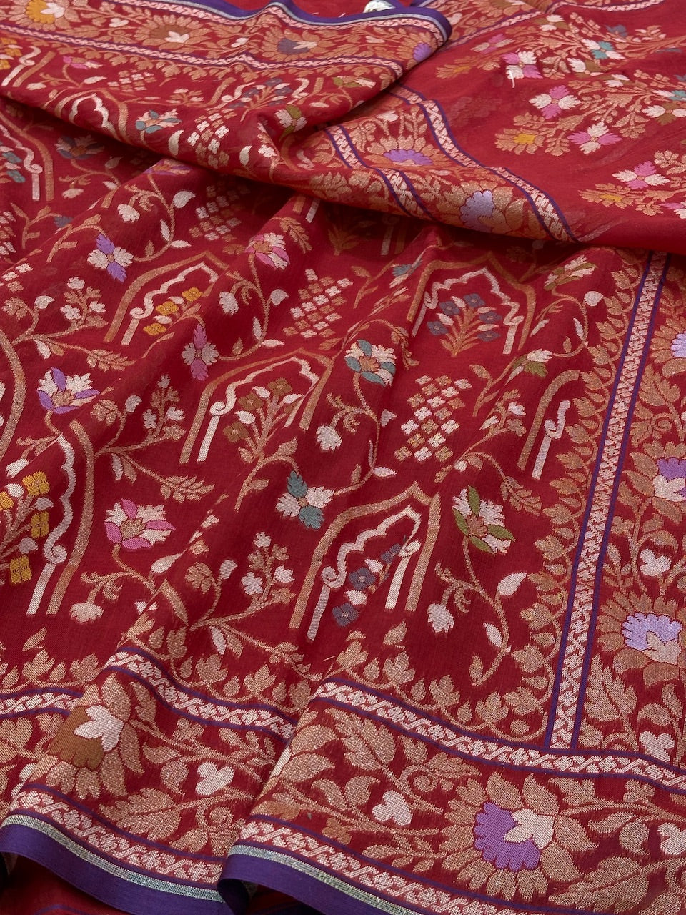 Red Banarasi cotton Jamdani handloom Saree