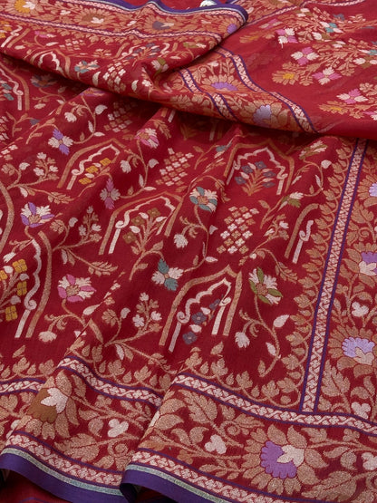 Red Banarasi cotton Jamdani handloom Saree