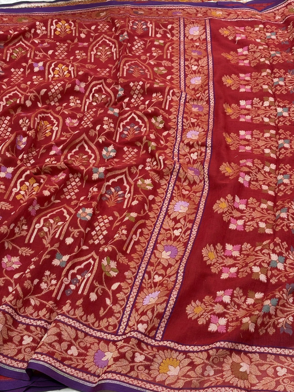 Red Banarasi cotton Jamdani handloom Saree