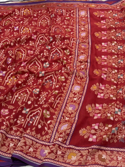 Red Banarasi cotton Jamdani handloom Saree
