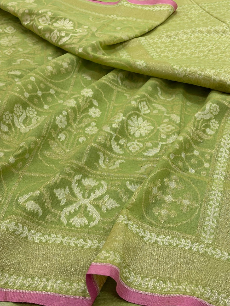 Sea Green Banarasi cotton Jamdani handloom Saree