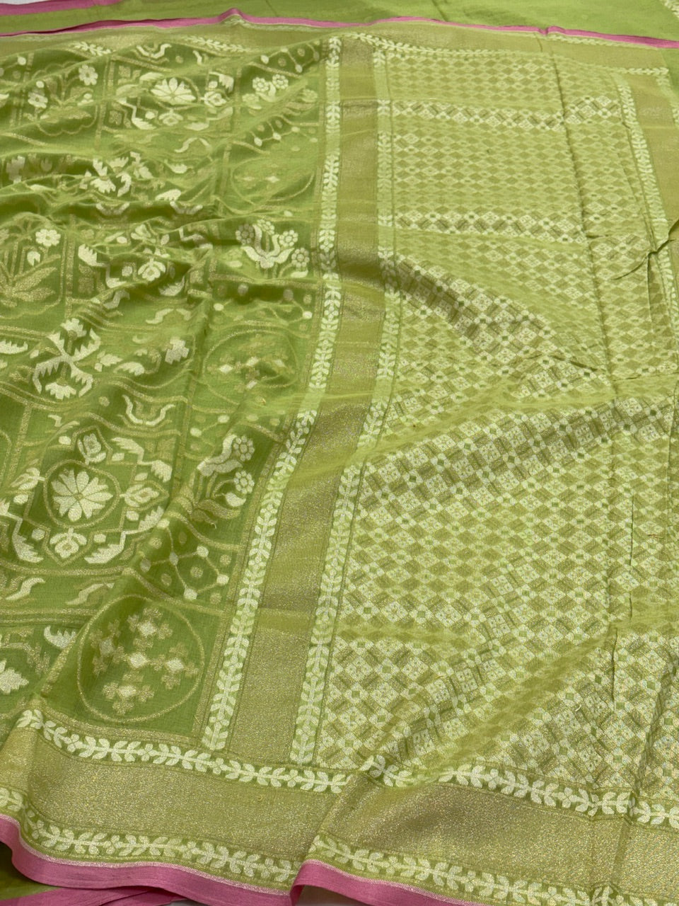 Sea Green Banarasi cotton Jamdani handloom Saree