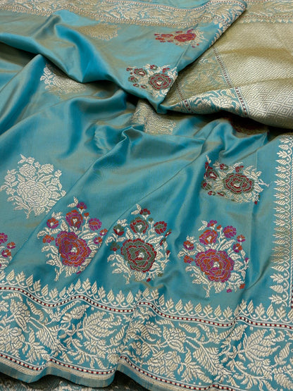 Turquoise Blue Pure Banarasi Ektara  Silk Handwoven Saree