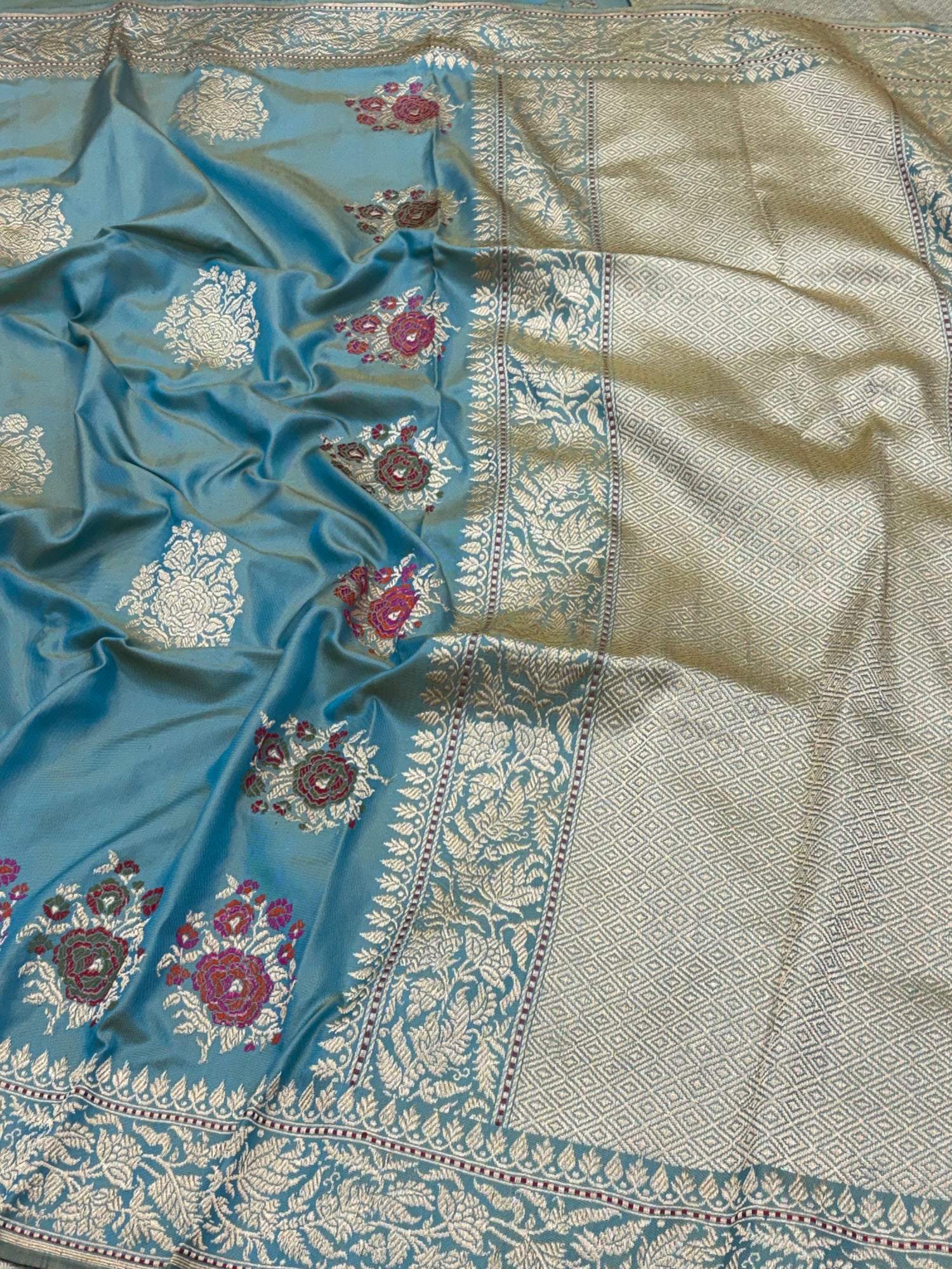 Turquoise Blue Pure Banarasi Ektara  Silk Handwoven Saree