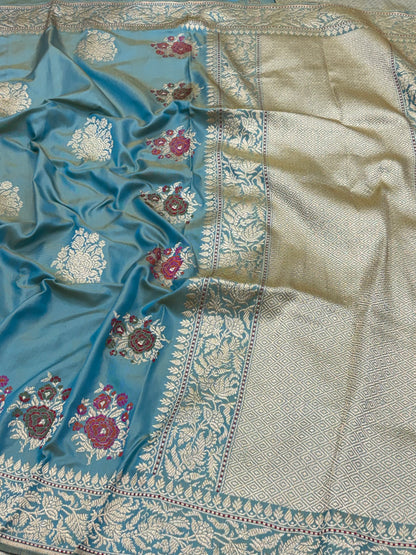 Turquoise Blue Pure Banarasi Ektara  Silk Handwoven Saree