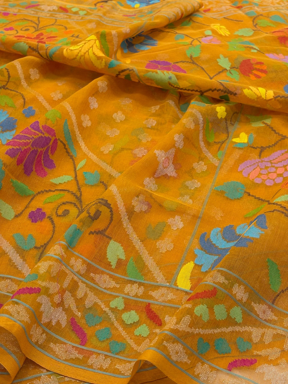 Orange Banarasi Cotton Jamdani Silk Handwoven Saree