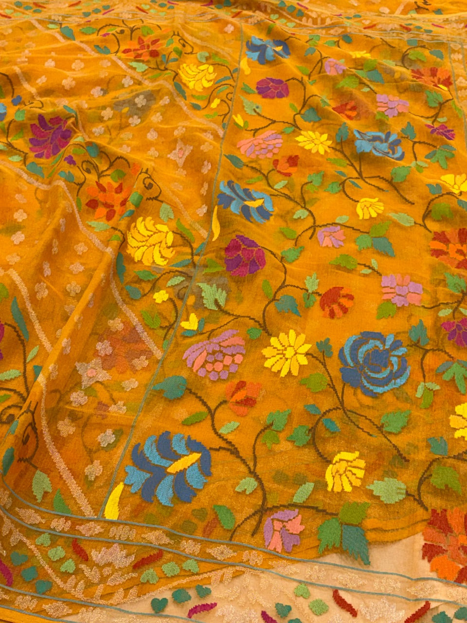 Orange Banarasi Cotton Jamdani Silk Handwoven Saree