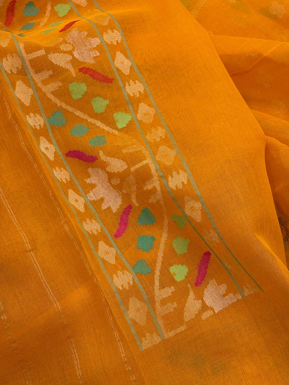 Orange Banarasi Cotton Jamdani Silk Handwoven Saree