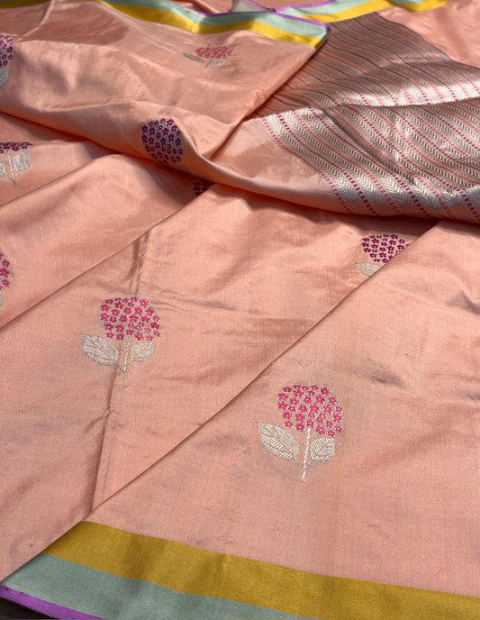 Peach Pure Banarasi Katan Silk Handloom Saree With Satin Border