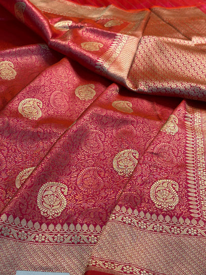 Rani Pink Satin Tanchoi Silk Banarasi Handwoven Saree
